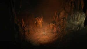 diablo 4 druid in dark dungeon by firelight near glyph and crates