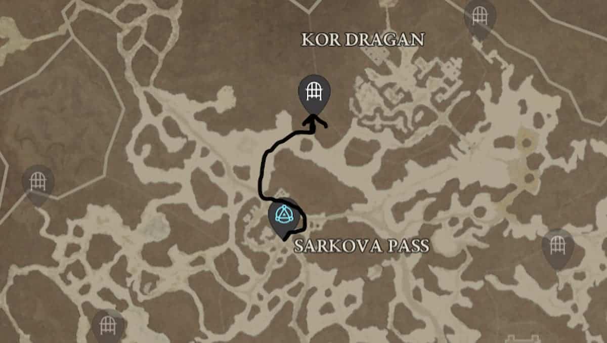 diablo 4 fractured peaks map sarkova pass from waypoint to dungeon