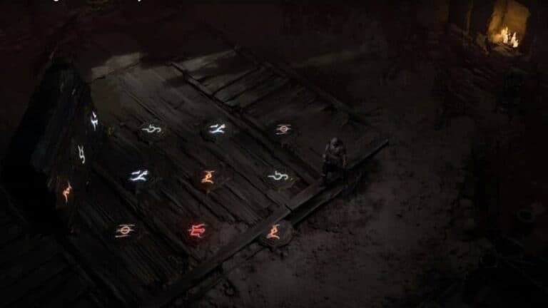 diablo 4 glowing symbols on ground in dark cellar with player