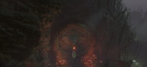 diablo 4 large stone doors with serpents eyes in marsh with player