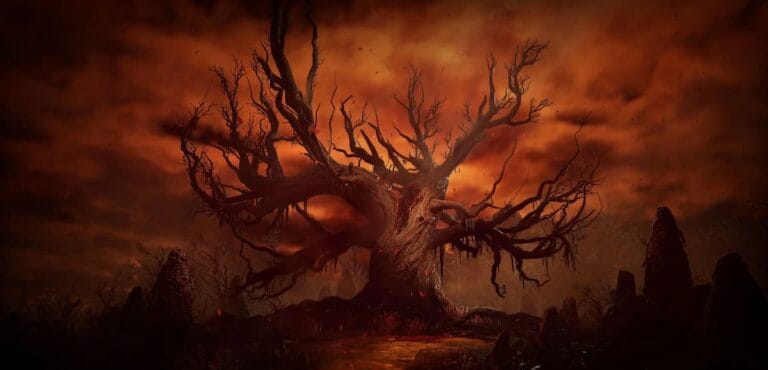 diablo 4 large tree taken by helltide red skies blood petals