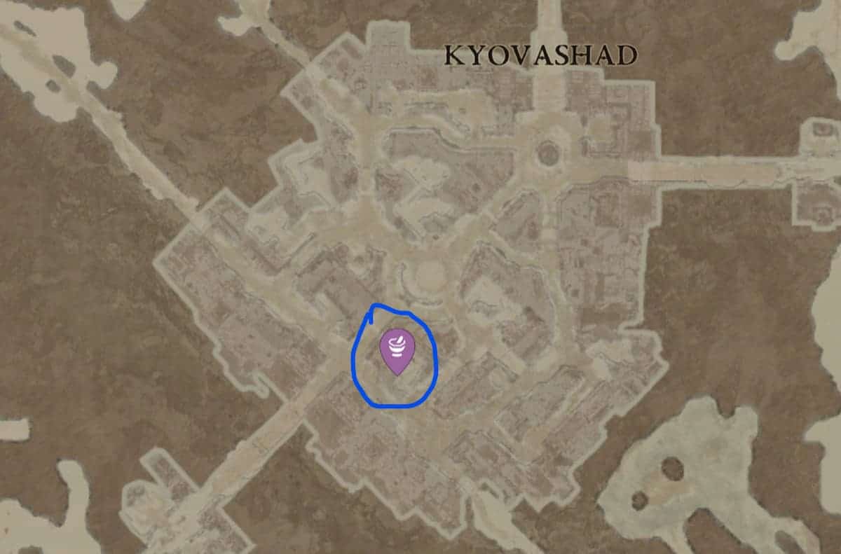 diablo 4 map of kyovashad with alchemist highlighted