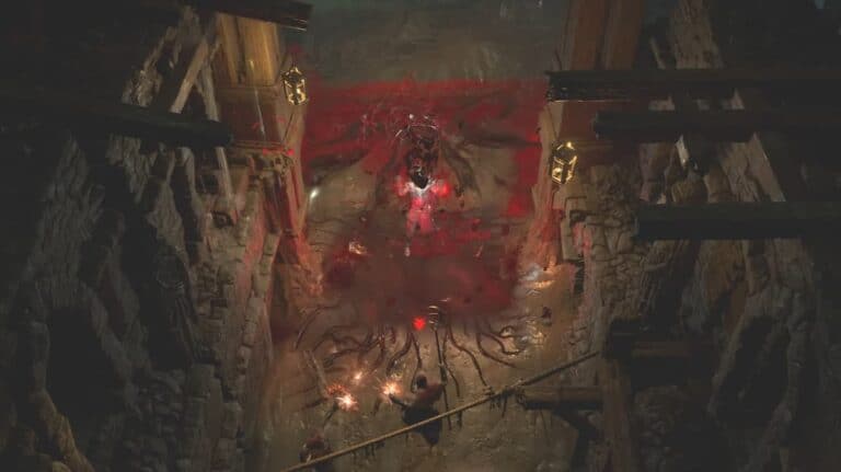 diablo 4 necromancer gathers blood in creepy corridor for skills
