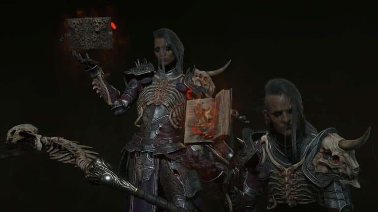 diablo 4 necromancers hold scary tomes with flames and stare in blackness