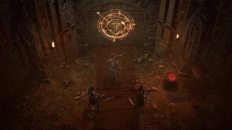 diablo 4 party opens door with glyph seal in dungeon