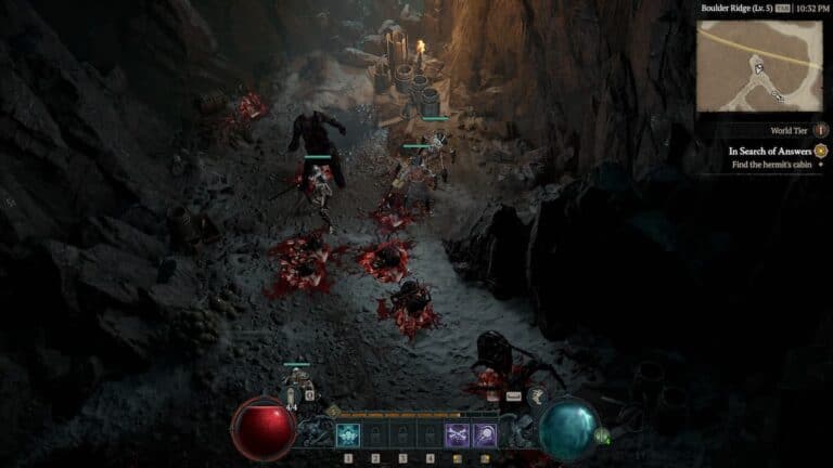 diablo 4 player in cave with bodies and skeletons during gameplay