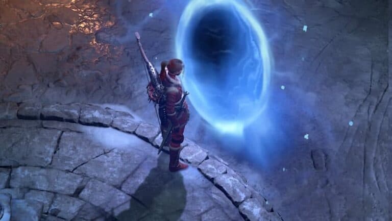 diablo 4 player stands by blue town portal on stone ground