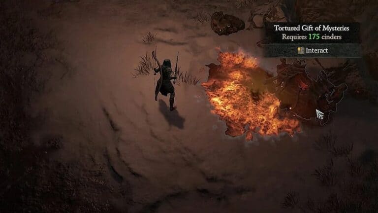 diablo 4 player stands in dark red field near tortured chest of mysteries