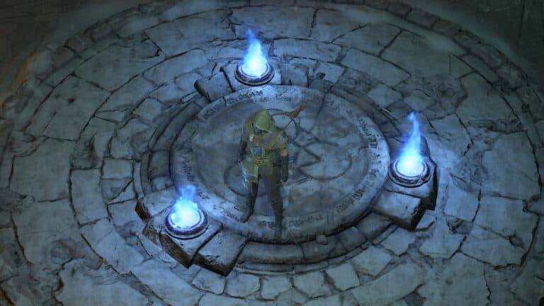 diablo 4 player stands in stone waypoint glyph with blue flames