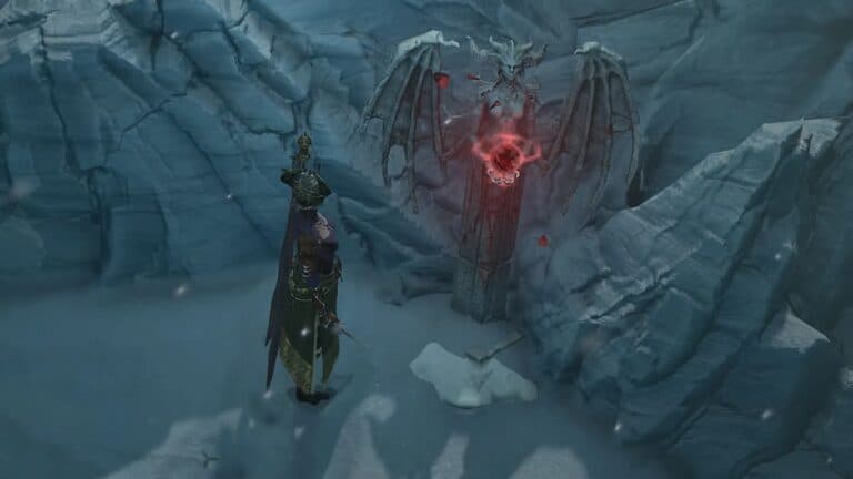 diablo 4 player stands with altar of lilith in snow