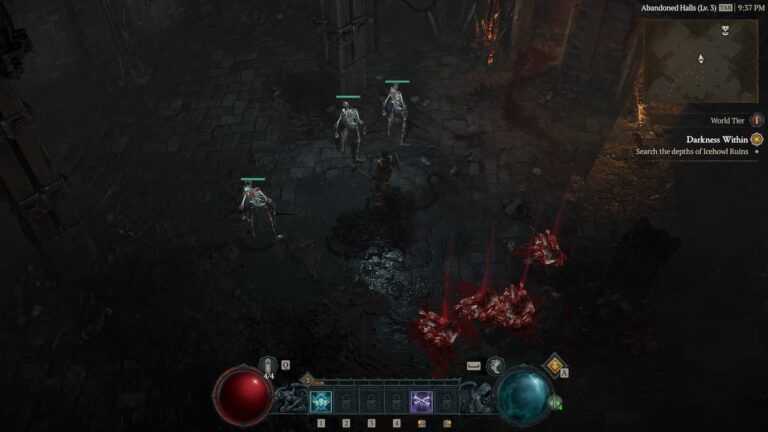 diablo 4 player with skeleton warriors in dungeon with body piles