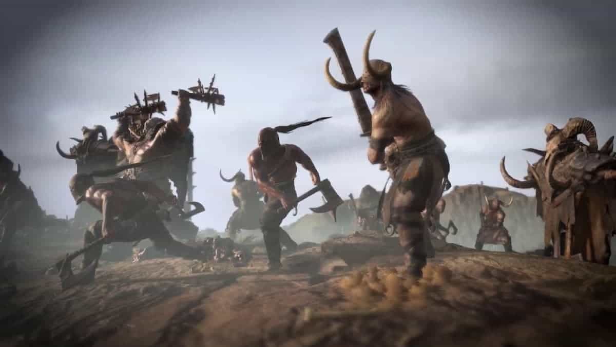 diablo 4 players barbarians fight monsters in field with gloomy skies
