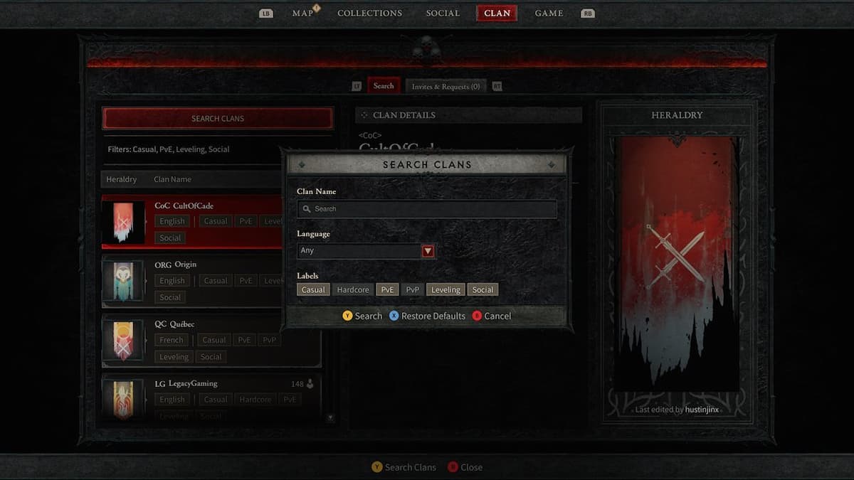 diablo 4 search clans in clan menu with banners showing