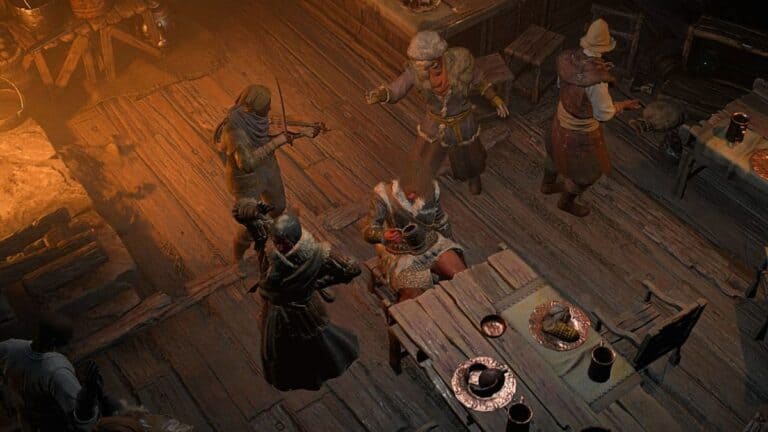 diablo 4 village party in cabin with music food and villagers