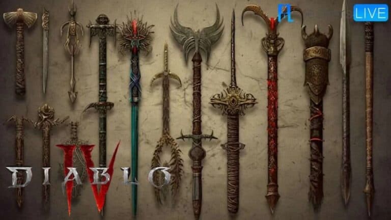 diablo 4 weapons lined up on table with logo in corner