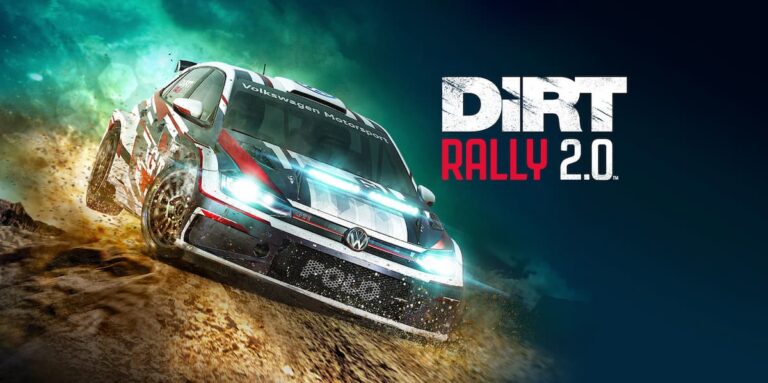 dirt rally 2 logo with race car going off road with blue background
