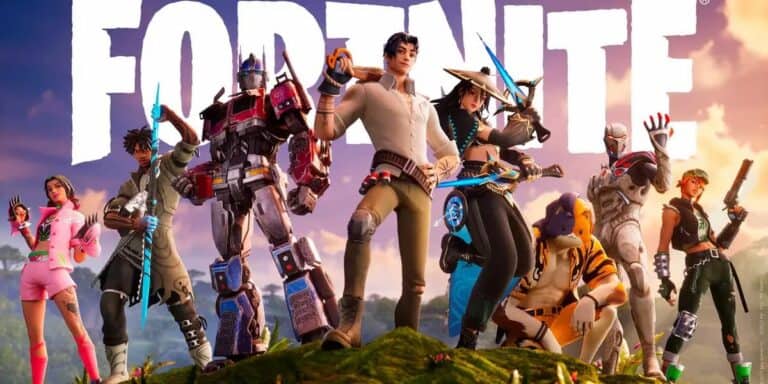 fortnite eight characters stand in a row with game logo and sky