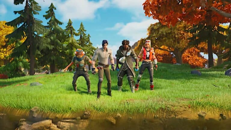 fortnite fish and three humans stand in field near trees on sunny day