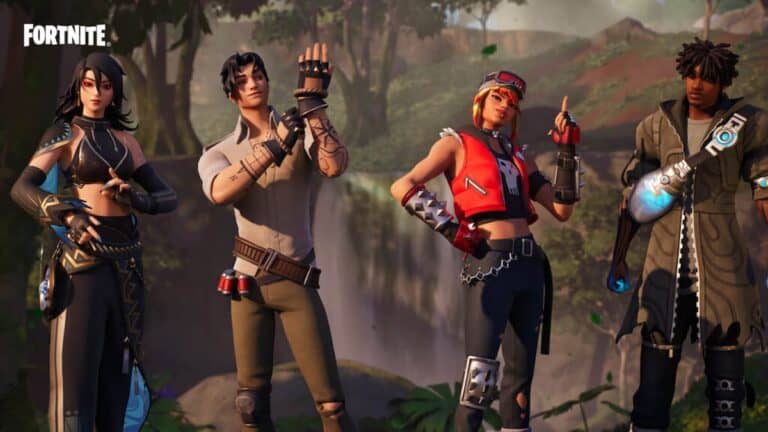 fortnite four humans pose in front of misty jungle with logo