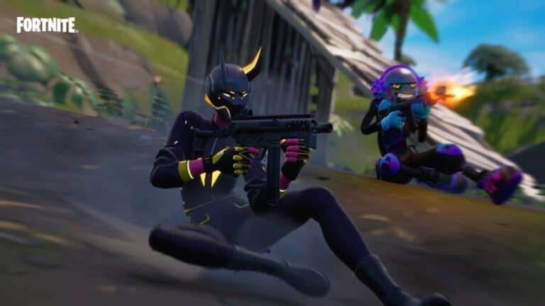 fortnite two players with masks shoot guns and slide on mud