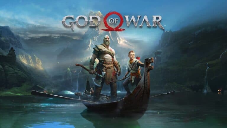 god of war logo kratos and son on boat in mountain scenery