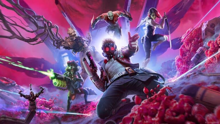 guardians of the galaxy entire team jumps towards camera with red background