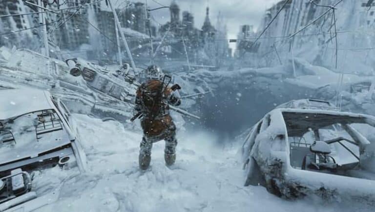metro exodus man in nuclear winter with old cars snow and hole