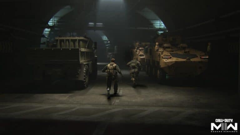 modern warfare 2 two soldiers in dark tunnel run by tank vehicles