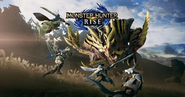monster hunter rise logo hunters fight giant beast in field at daytime