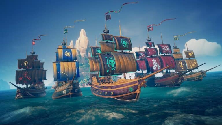 sea of thieves five pirate ships set sail from island during day into blue sea