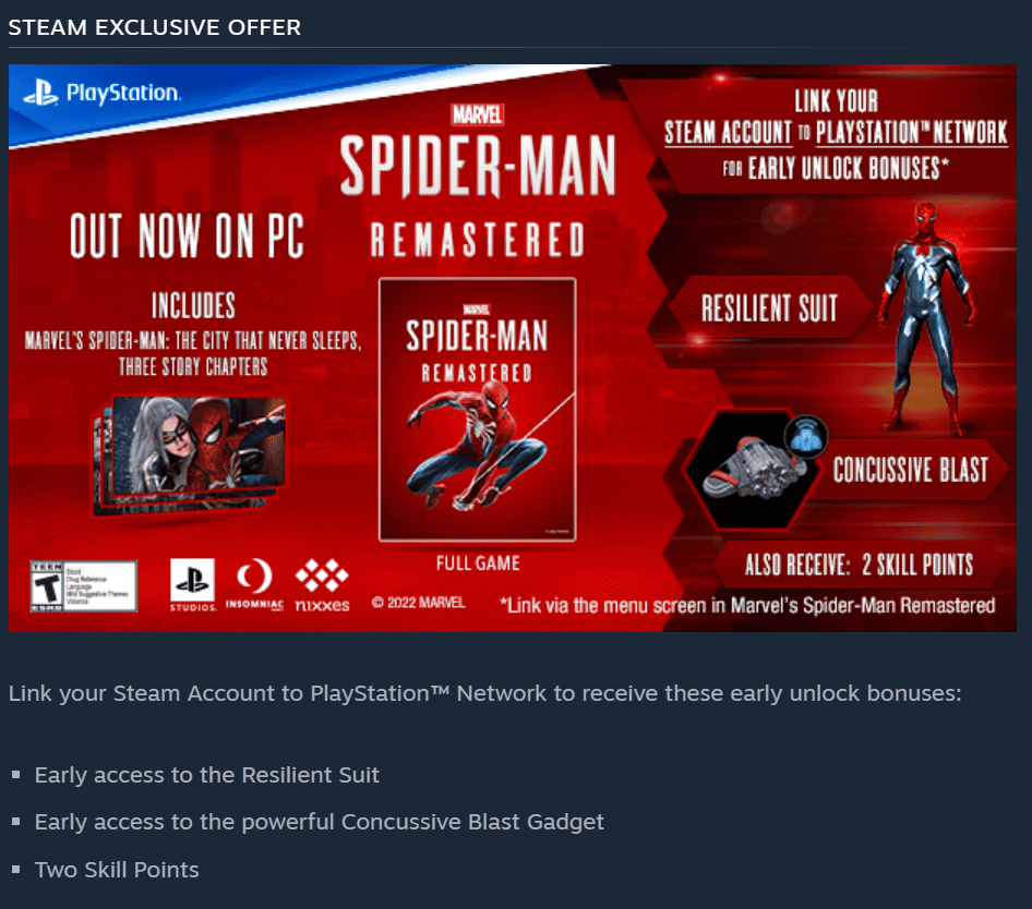 steam exclusive offer Spider man remastered