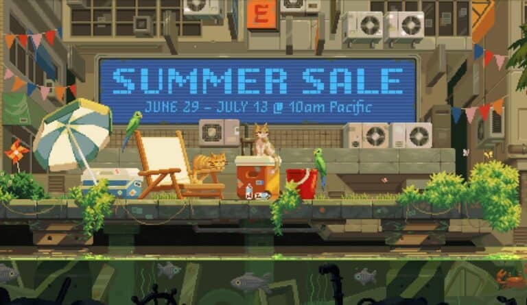 steam summer sale logo with pixel art of building cat parrot fish