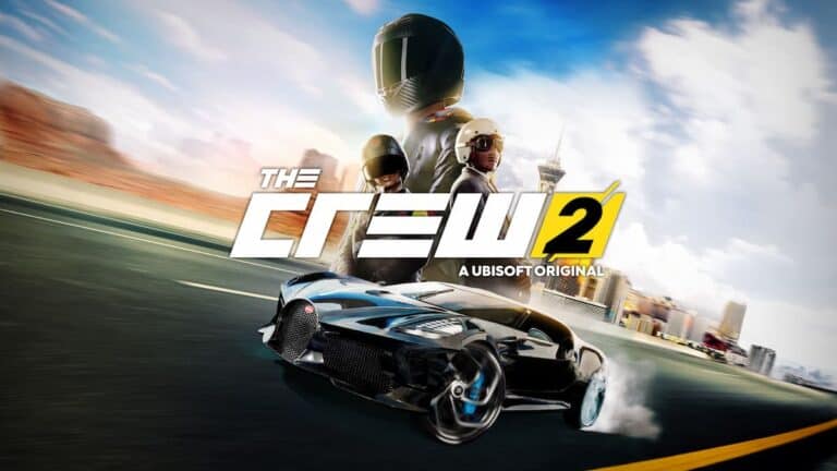 the crew 2 logo with racers and car on track in front of city