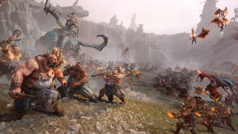 total war warhammer 3 ogre army battles demons in field with mountains