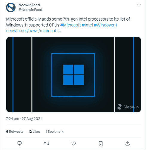 tweet microsoft added more processors to windows 11 support