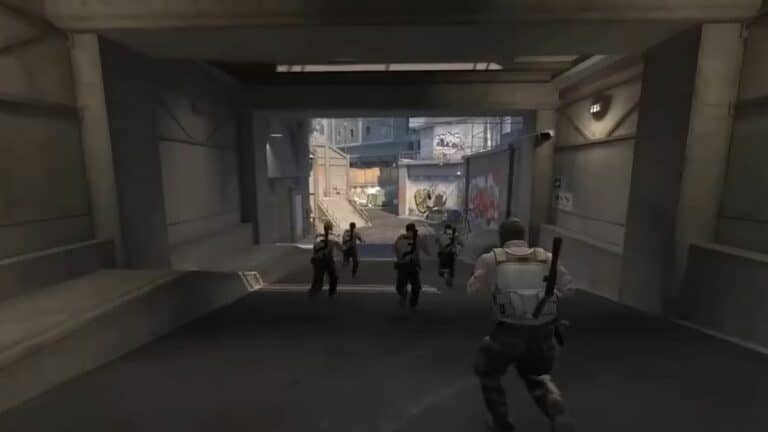 Counter Strike 2 Players Running Through Underpass Into City Streets
