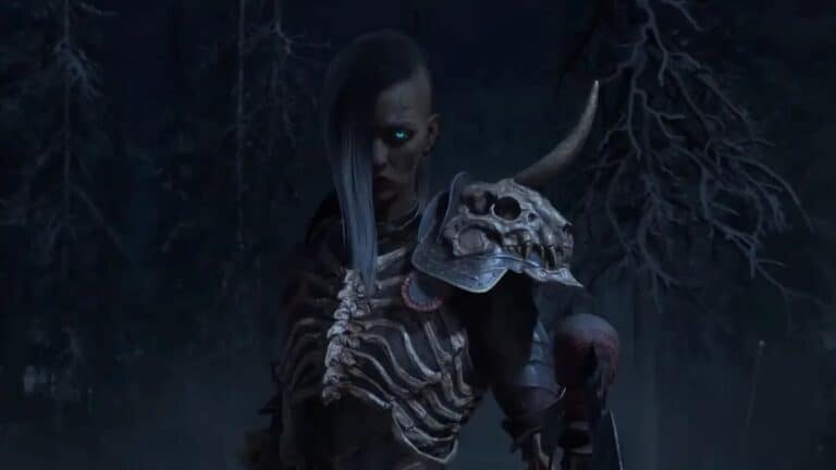 Diablo 4 scary necromancer in dark forest looks at camera