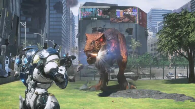 Exoprimal Player Fighting T Rex In City