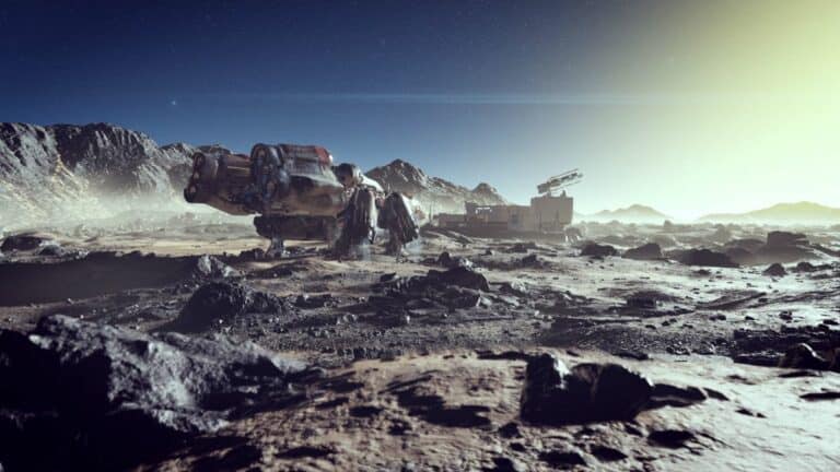 Starfield Spaceship Docked On Rocky Planet