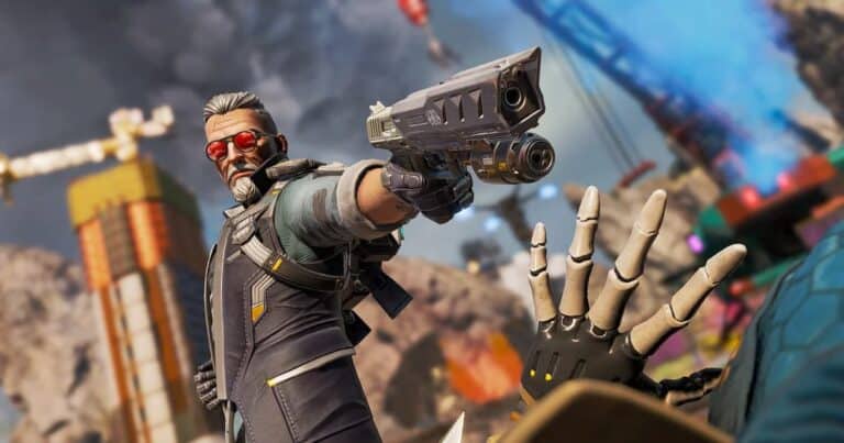 apex legends legend ballistic finishing blow points gun at downed player in daytime