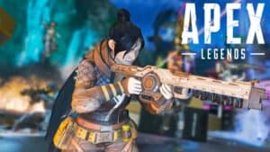 apex legends wraith legend running from explosion in yellow skin with weapon and logo