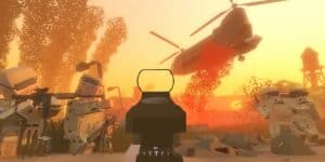 battlebit first person view gun scopes helicopter and fellow block soldiers at sunset