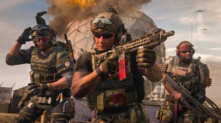 call of duty three operators with weapons ready in daylight in front of giant globe