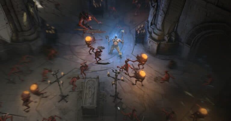 diablo 4 barbarian in temple dungeon surrounded by demons and candles