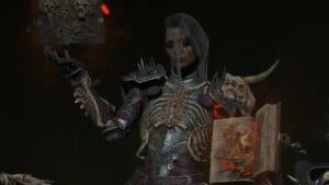 diablo 4 necromancer black hair with book of dead and flaming skull book