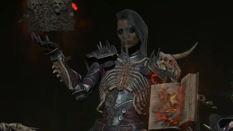 diablo 4 necromancer black hair with book of dead and flaming skull book