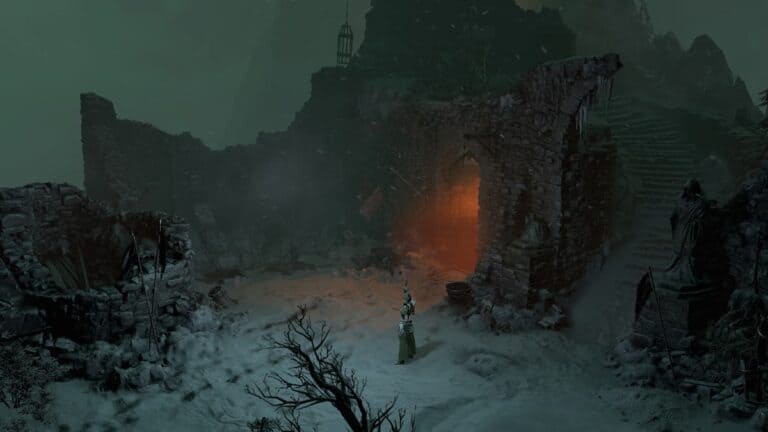 diablo 4 player in snowy field dungeon entrance with stone wall