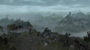 diablo 4 player stands on cliff over scosglen foggy cloudy with plants