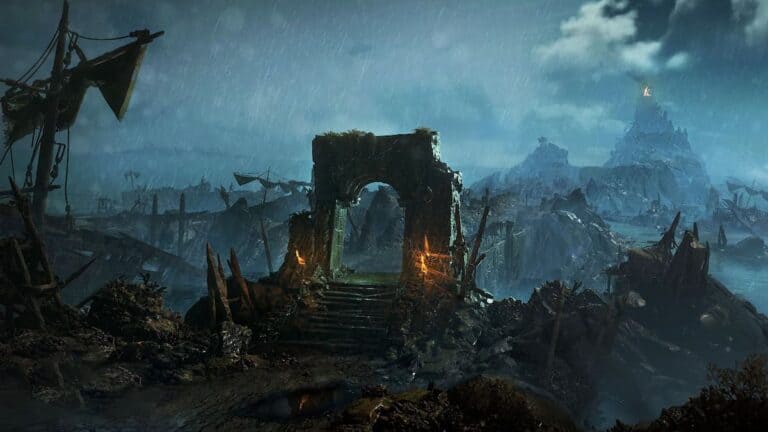 diablo 4 scosglen raining on stone arch with bridge and destroyed buildings