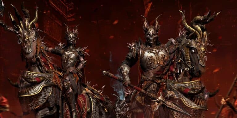 diablo 4 season 1 armored wanderers on mounts on red background look at you